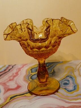 Vintage 1950's Amber Ruffled Edge Glass Compote - Candydish Decorative Home Art